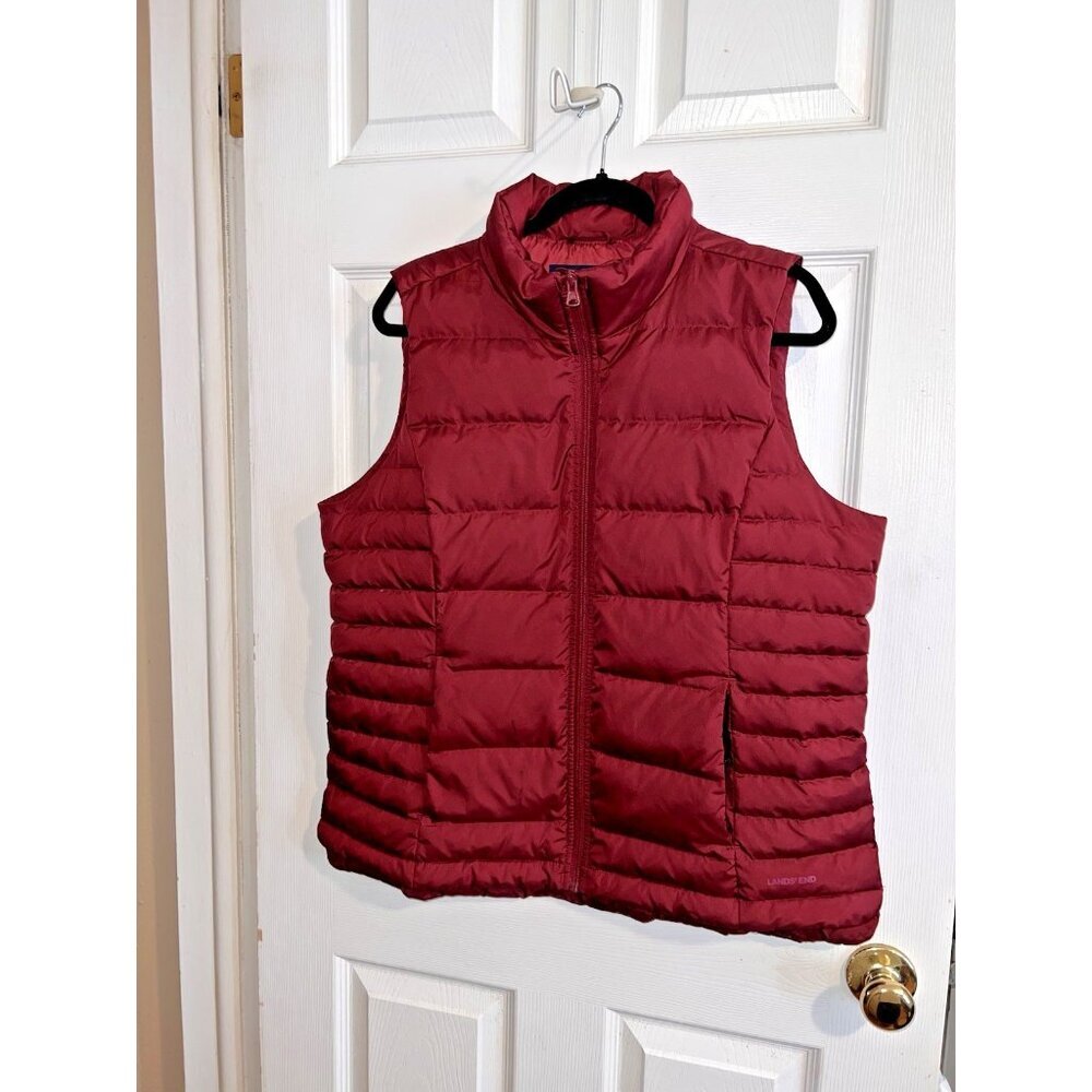LANDS' END Quilted Feather Down 600 Puffer Vest Size L 14-16 Jacket Top Burgundy